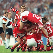 Denmark celebrate their unlikely victory against Germany in the final